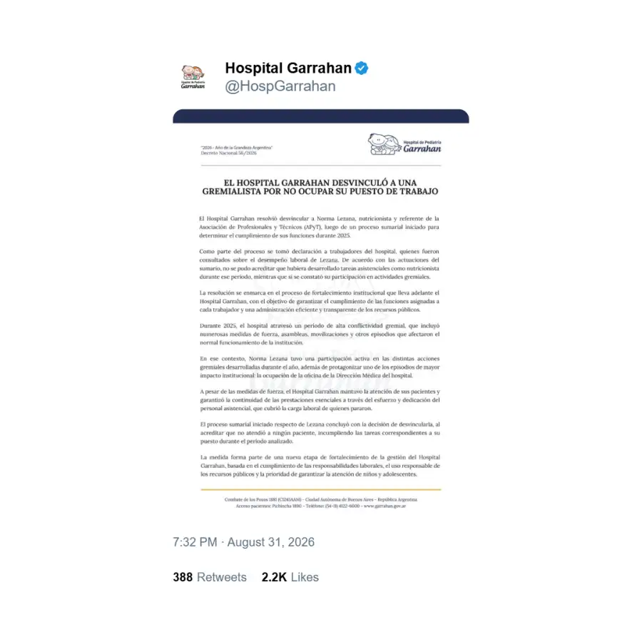 Comunicado del Hospital Garrahan