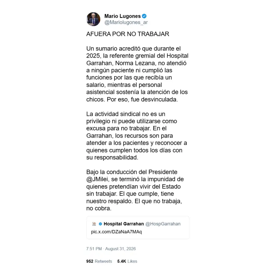 Posteo de Mario Lugones