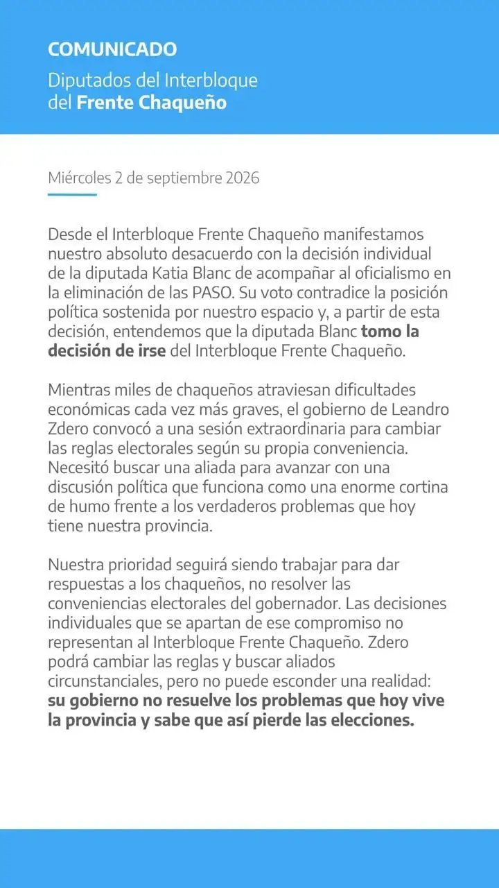 El comunicado del Frente Chaqueño