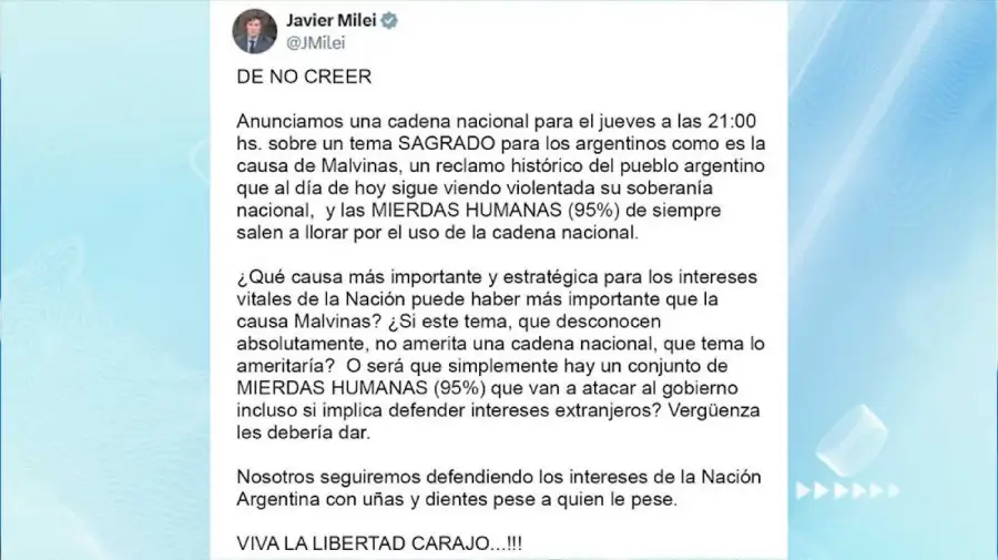 Tuit Milei de no creer