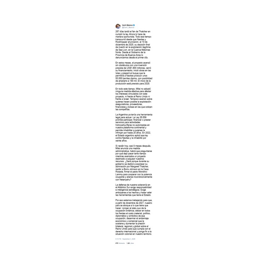 Posteo de Carli Bianco sobre Malvinas