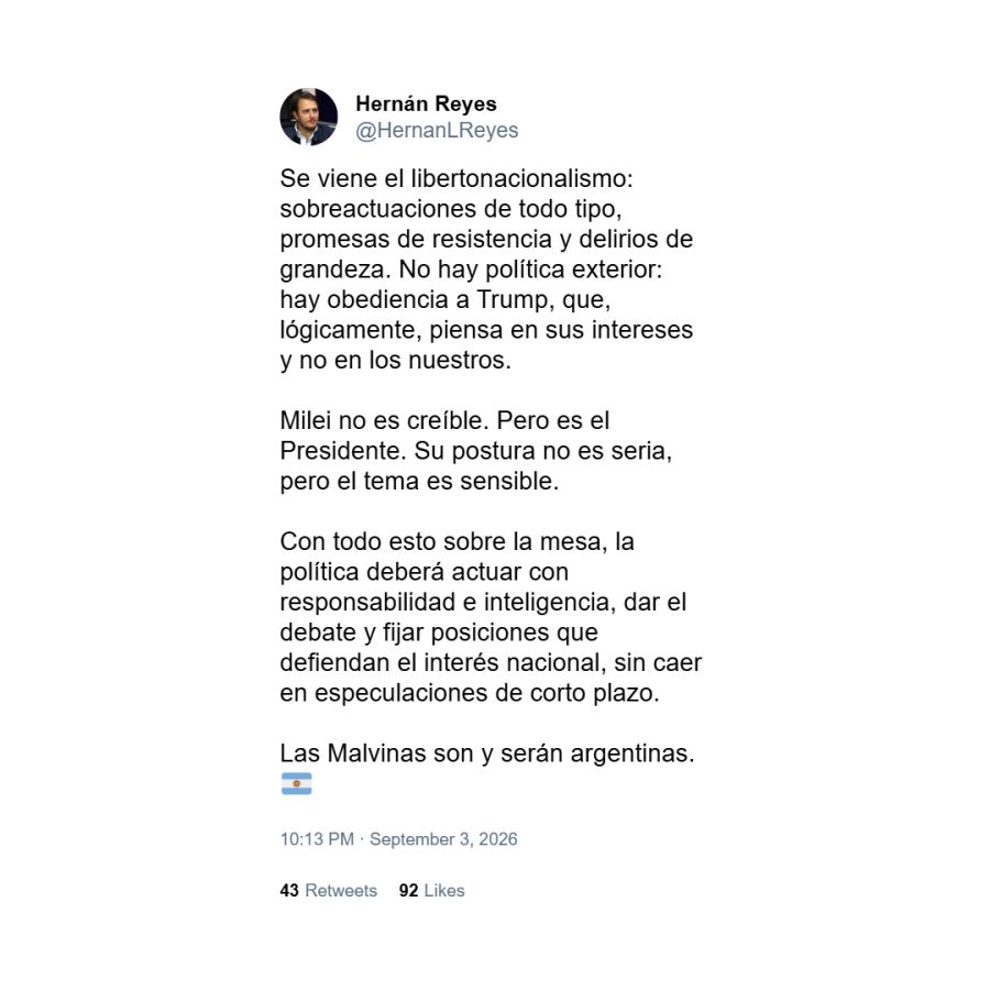 Posteo de Hernán Reyes sobre Malvinas