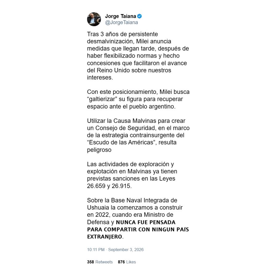 Posteo de Jorge Taiana sobre Malvinas