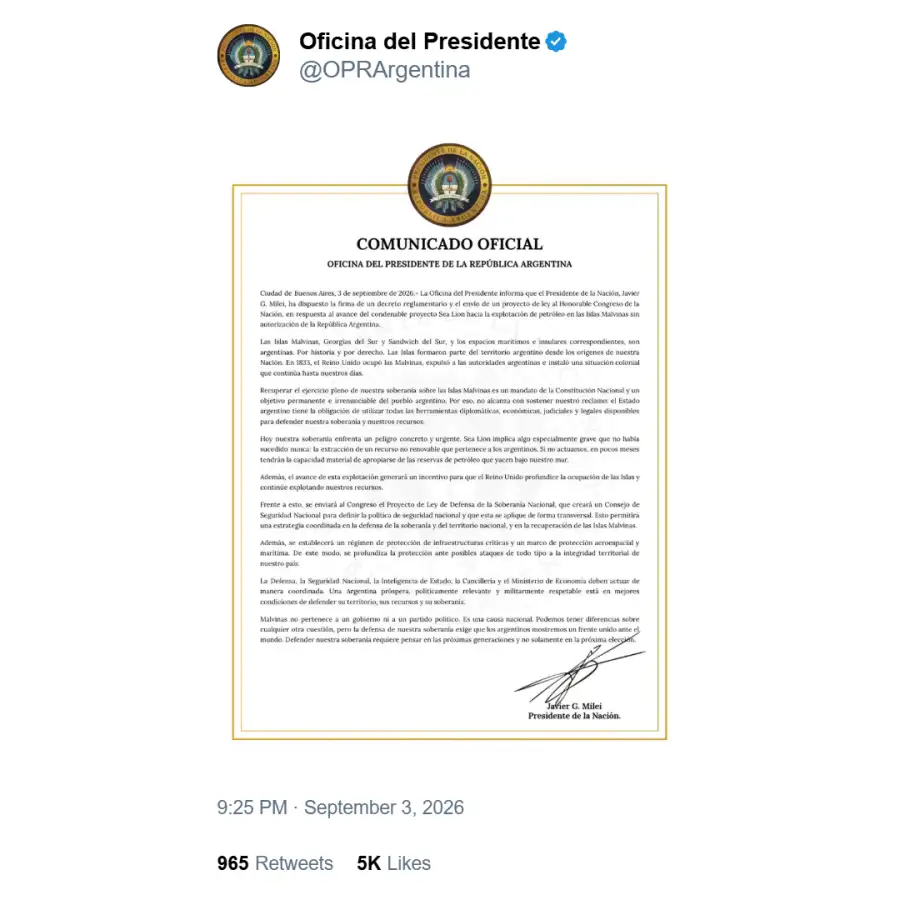 Posteo de la Oficina de Presidencia sobre Sea Lion