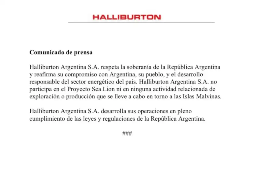 El comunicado de Halliburton divulgado por el canciller argentino Pablo Quirno