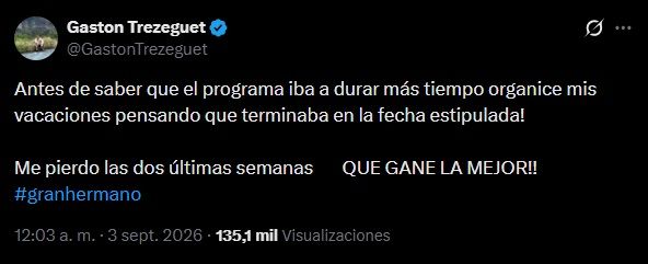 Gastón Trezeguet no formará parte en la recta final de Gran Hermano Generación Dorada