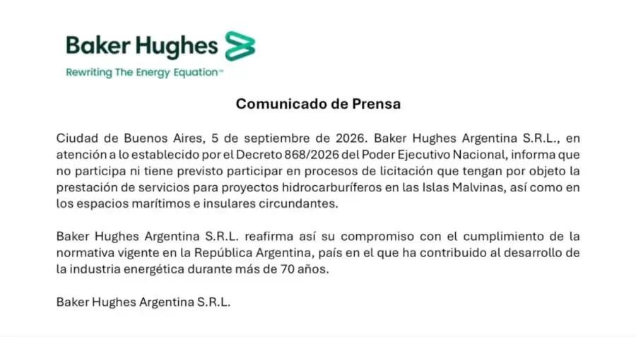 La compañía Baker Hughes comunicó que no participará de proyectos en las Islas Malvinas.