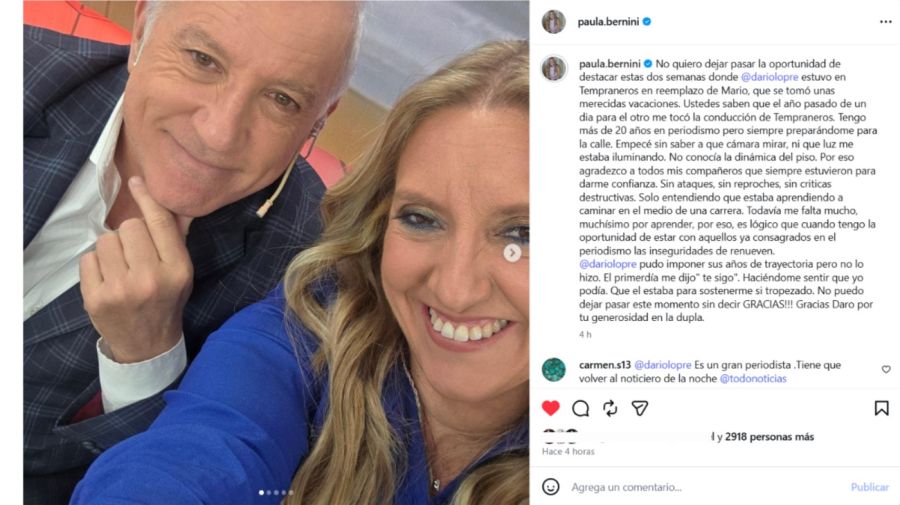 Paula Bernini le dedicó un especial mensaje a Darío Lopreite