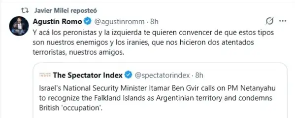 Javier Milei sobre el apoyo israelí a la Argentina por Malvinas