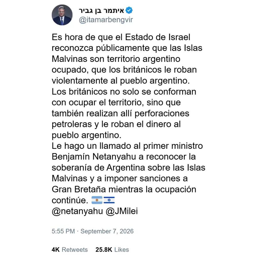 Posteo de ministro israelí sobre Malvinas