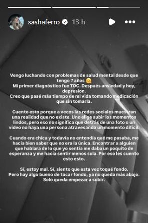Sasha Ferro reveló que sufre depresión