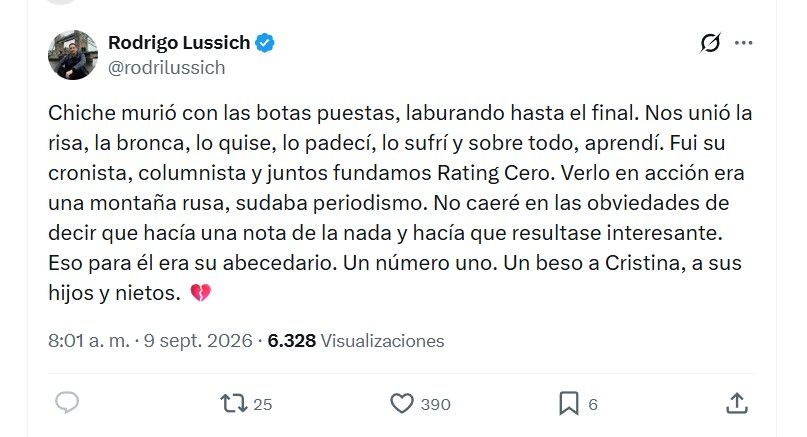 El mensaje de Rodrigo Lussich tras la muerte de Chiche Gelblung