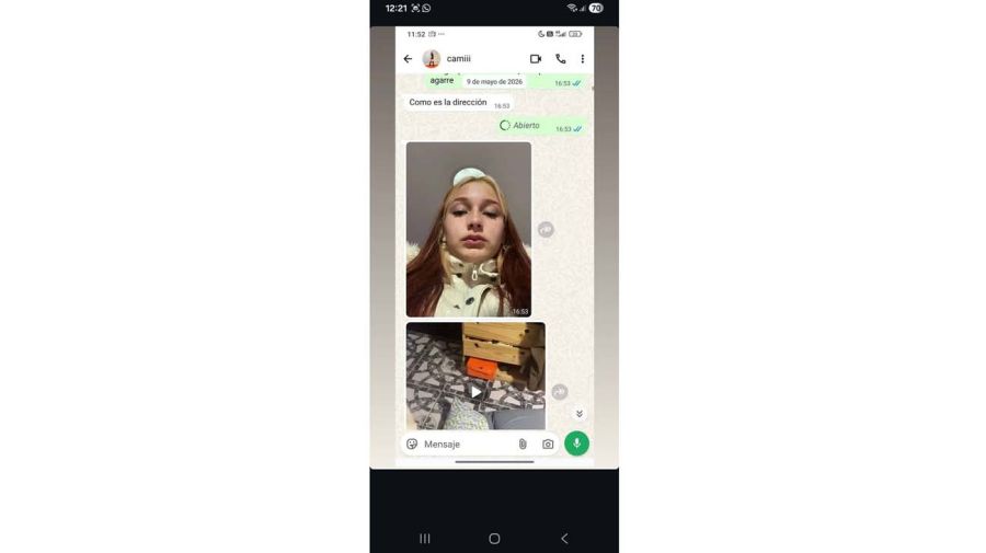 Prueba de vida. En los chats que publicó la amiga de la víctima en sus redes sociales, Camila le manda una foto y un video después de contarle que había sido encerrada por su novio.