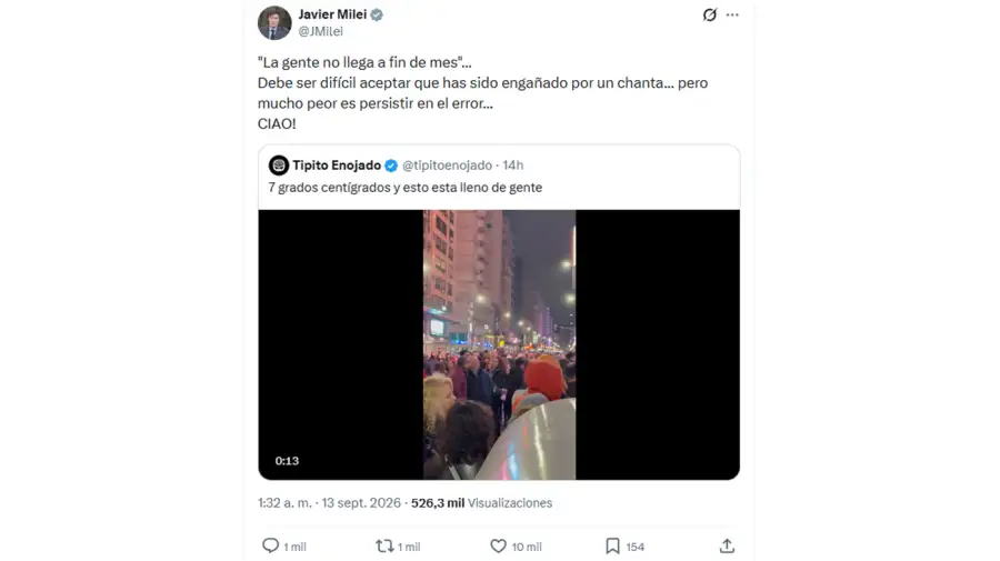 Milei, eufórico por el consumo en calle Corrientes un sábado por la noche.