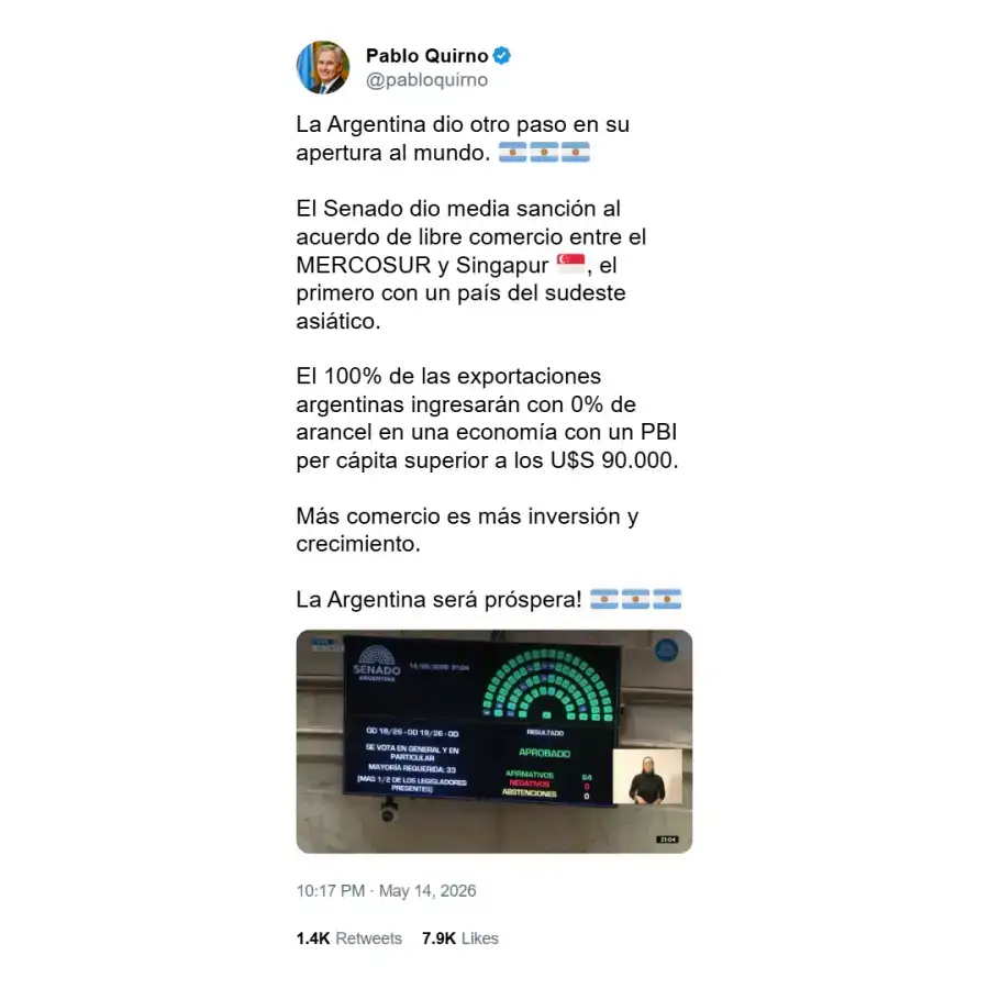Posteo de Pablo Quirno sobre el acuerdo de Mercosur-Singapur