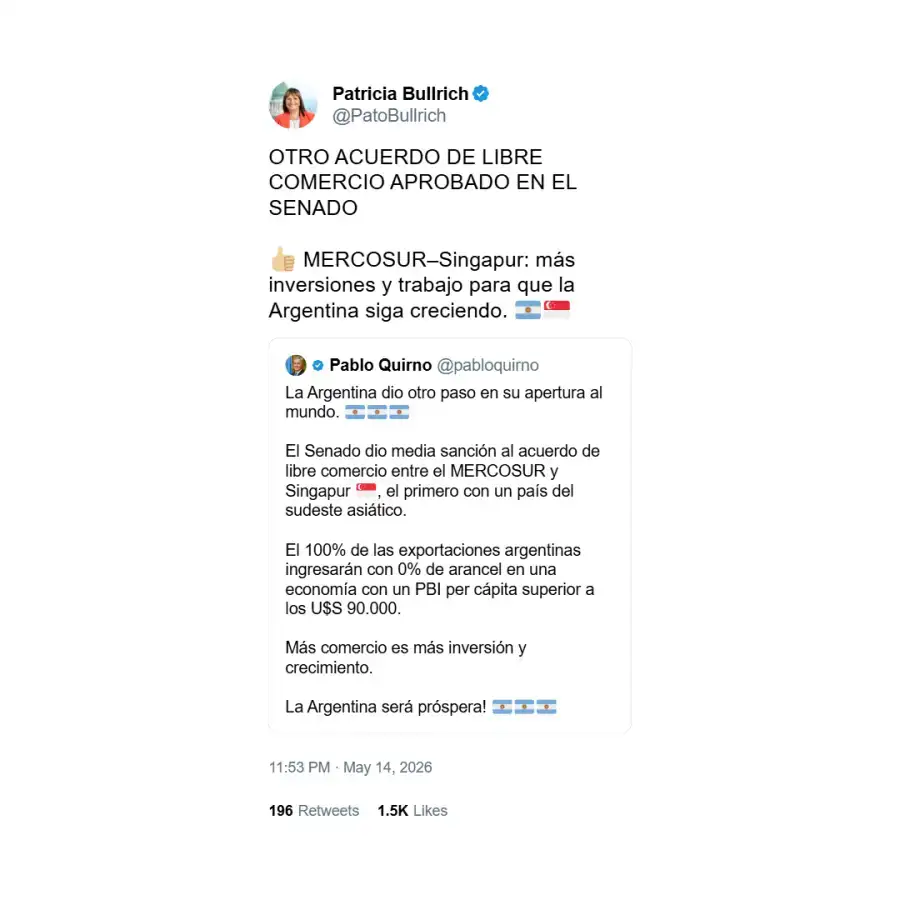 Posteo de Patricia Bullrich sobre el acuerdo Argentina-Singapur