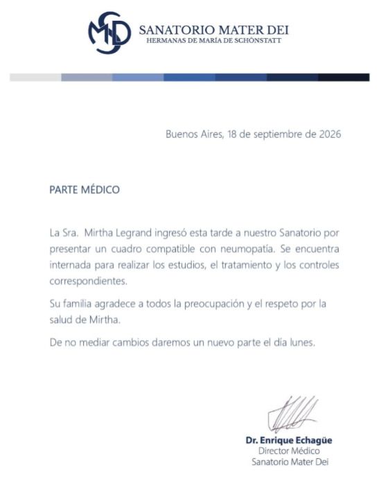 Parte Médico de Mirtha Legrand del 18 de septiembre de 2026