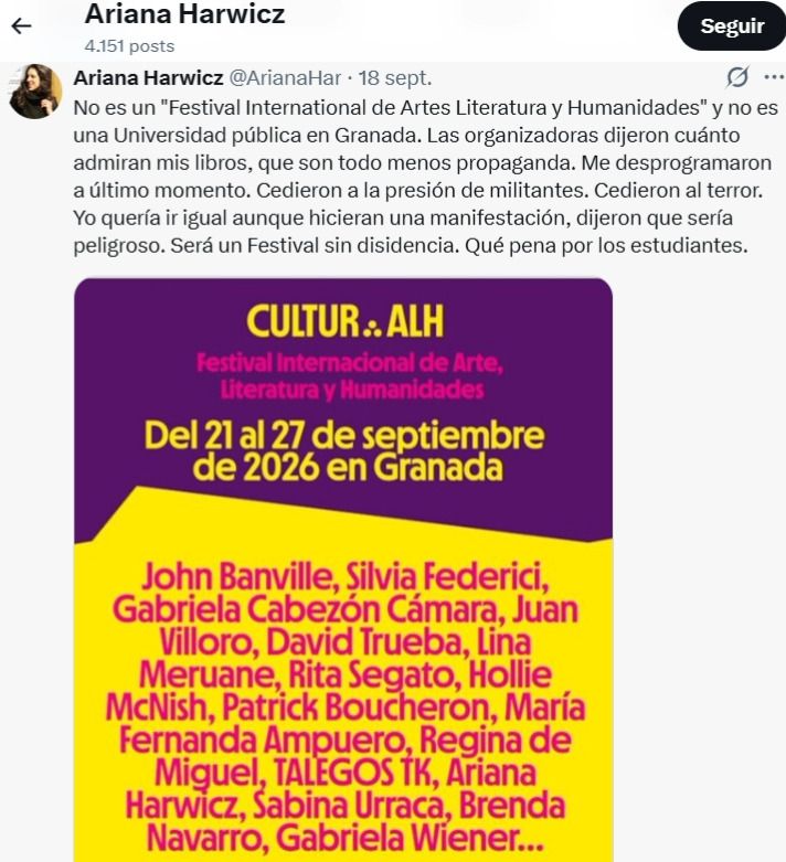 La autora argentina Ariana Harwicz fue cancelada de un festival de Granada tras la presión de grupos propalestinos