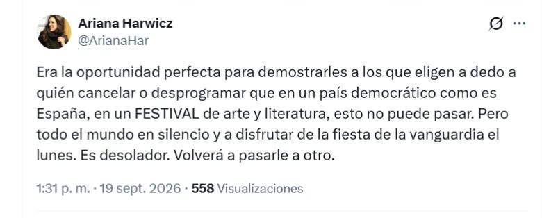 La autora argentina Ariana Harwicz fue cancelada de un festival de Granada tras la presión de grupos propalestinos