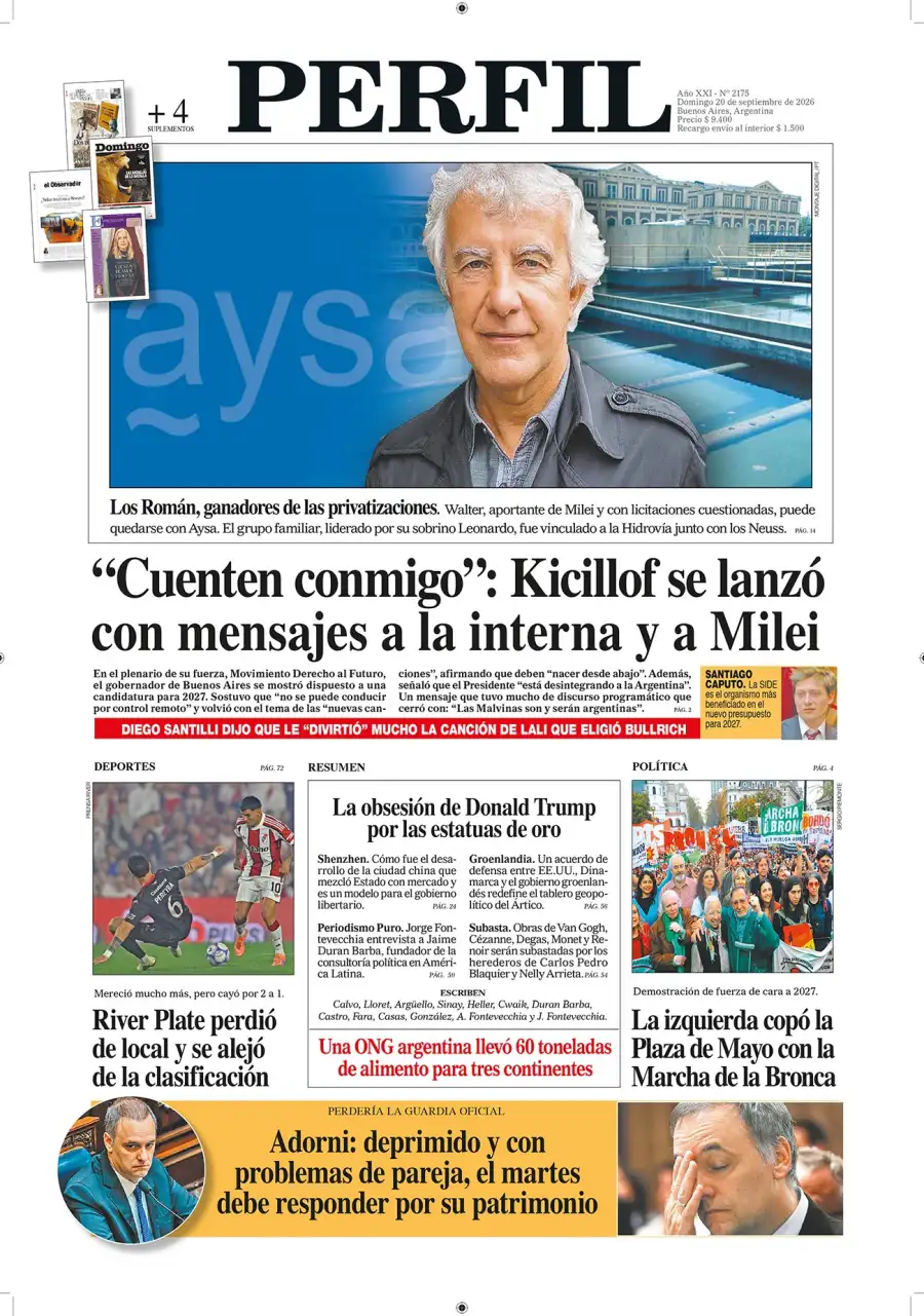 La tapa del Diario PERFIL del domingo 20 de septiembre de 2026