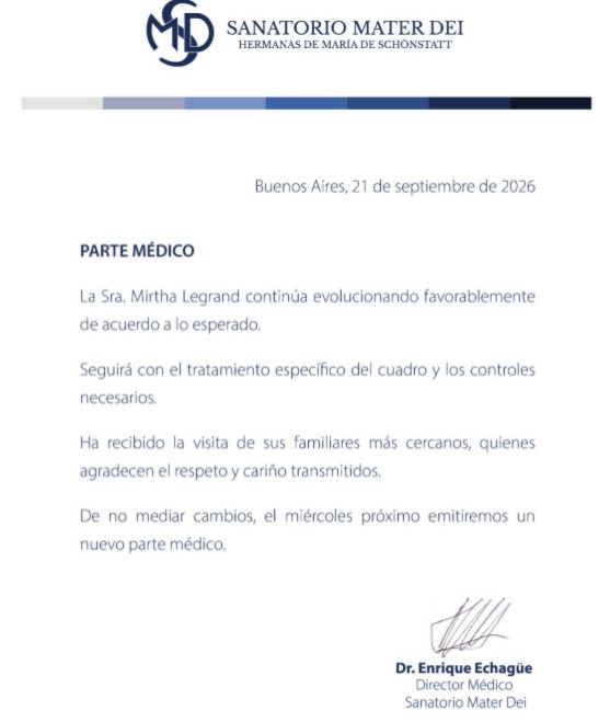 Parte médico de Mirtha Legrand del 21 de septiembre de 2026