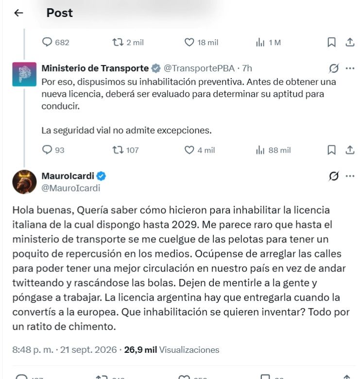 La respuesta de Mauro Icardi al Ministerio de Transporte de la provincia de Buenos Aires por inhabilitarlo
