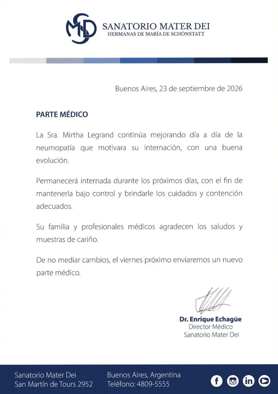 El nuevo parte médico de Mirtha Legrand del 23 de septiembre 1