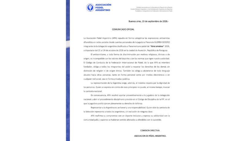 Comunicado de la Asociación de Pádel Argentino.