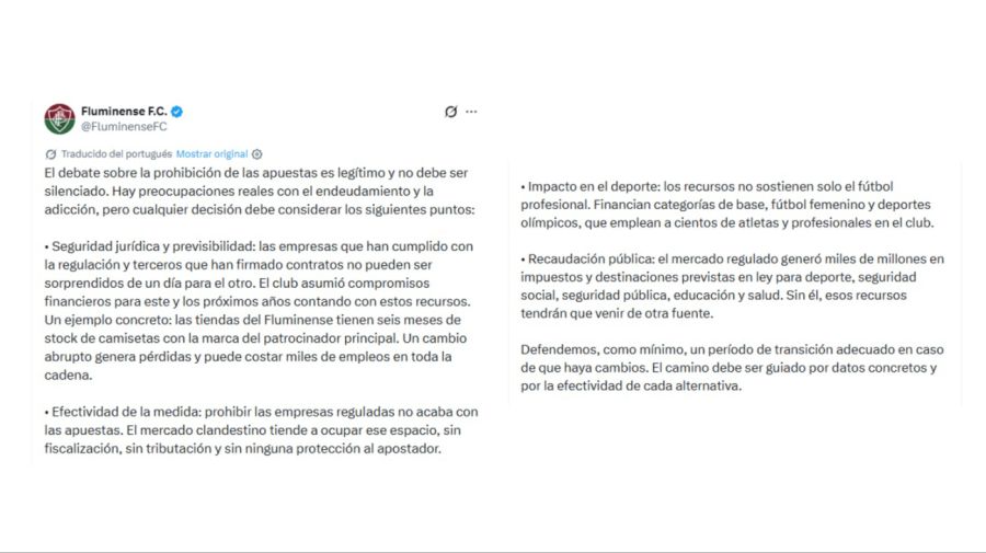 El comunicado de Fluminense ante el anuncio de Lula de cortar las apuestas deportivas en Brasil.