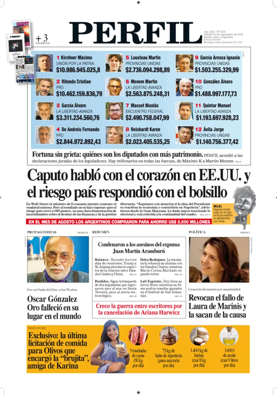 La tapa del Diario PERFIL del sábado 26 de septiembre de 2026