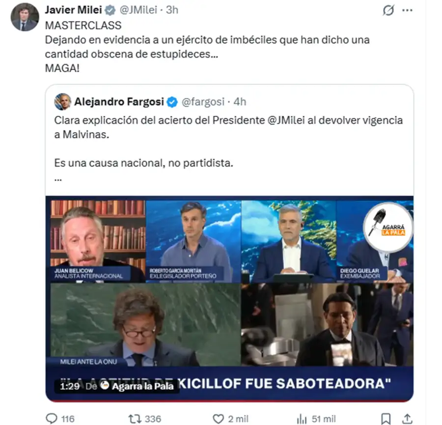 Posteos del presidente Javier Milei en la mañana del 27 de septiembre de 2027.