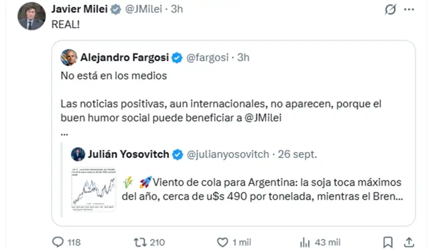 Posteos del presidente Javier Milei en la mañana del 27 de septiembre de 2027.