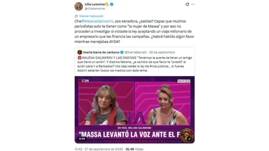 Lilia Lemoine volvió a cruzar a Malena Galmarini por el viaje a Barbados