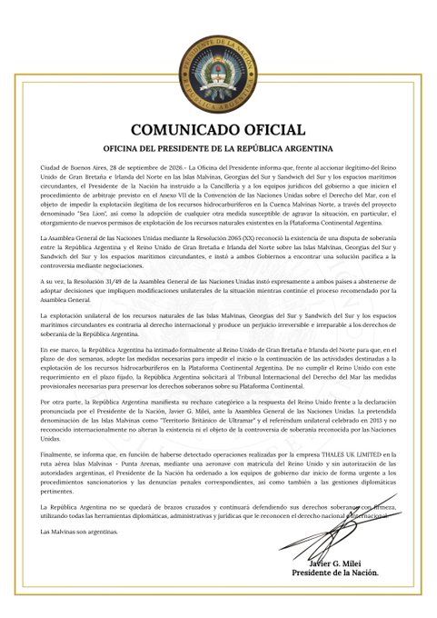Comunicado oficial sobre Malvinas