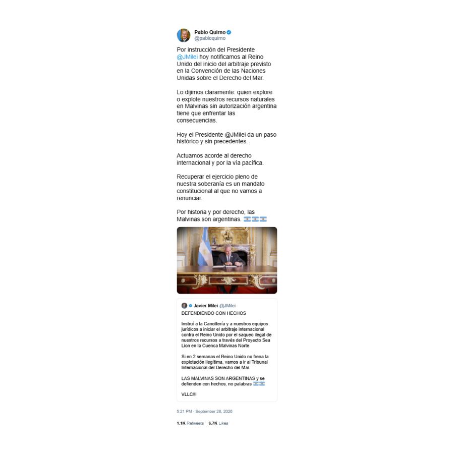 Posteo de Pablo Quirno sobre Malvinas