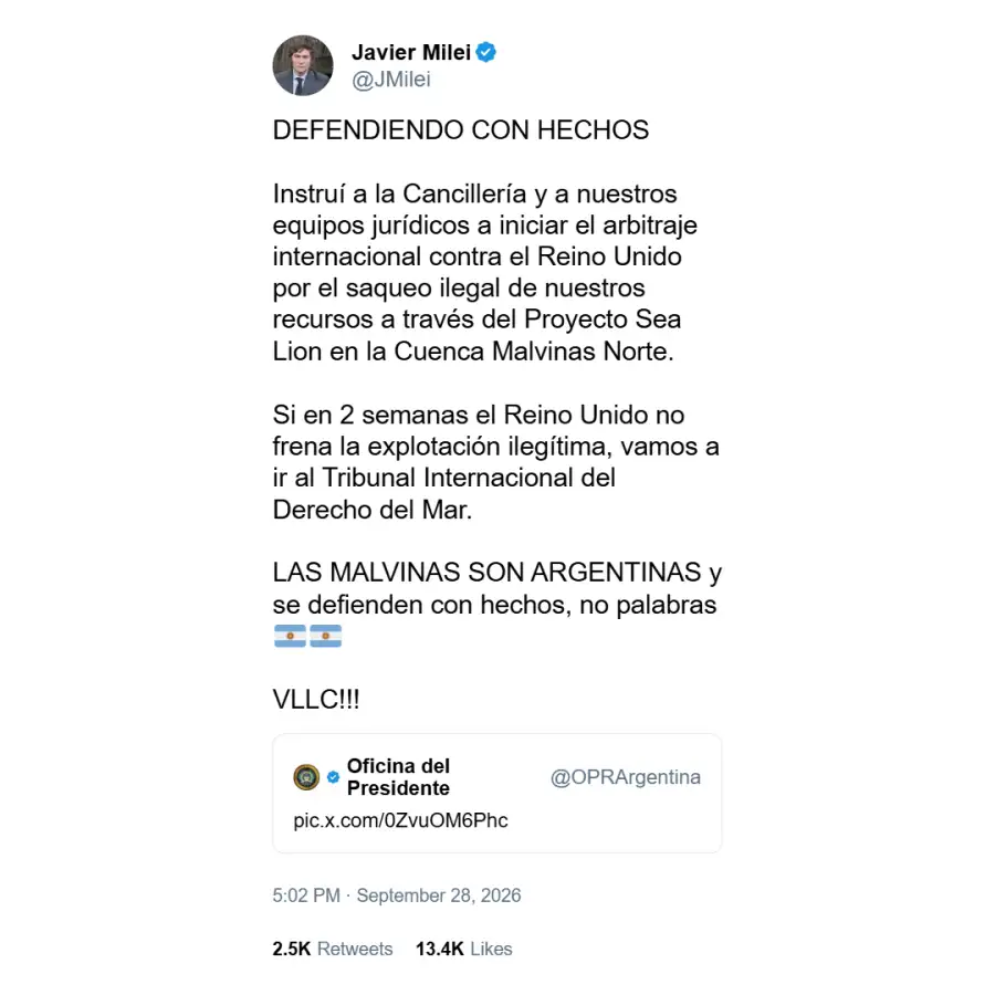 Tuit de Javier Milei sobre Malvinas