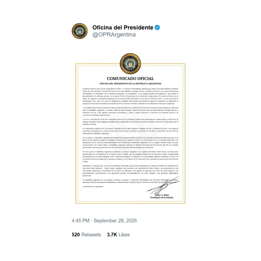 Tuit del comunicado oficial sobre Malvinas de la Oficina del Presidente