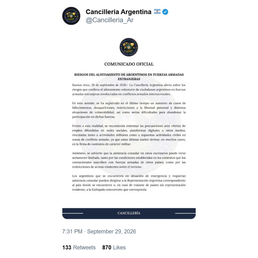Posteo de Cancillería Argentina sobre el reclutamiento de ejércitos extranjeros