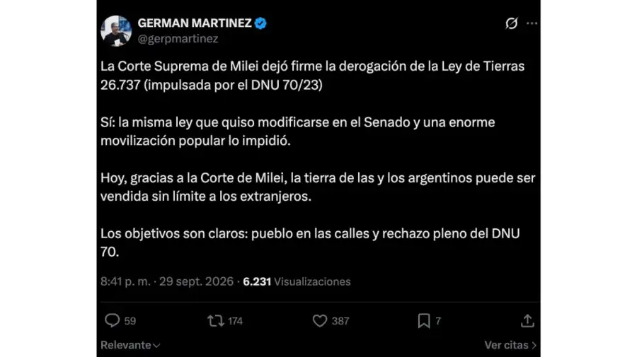 Reacciones al fallo de la Corte sobre la Ley de Tierras.