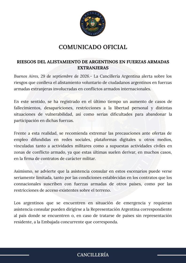 Texto de Cancillería Argentina sobre el reclutamiento de soldados argentinos