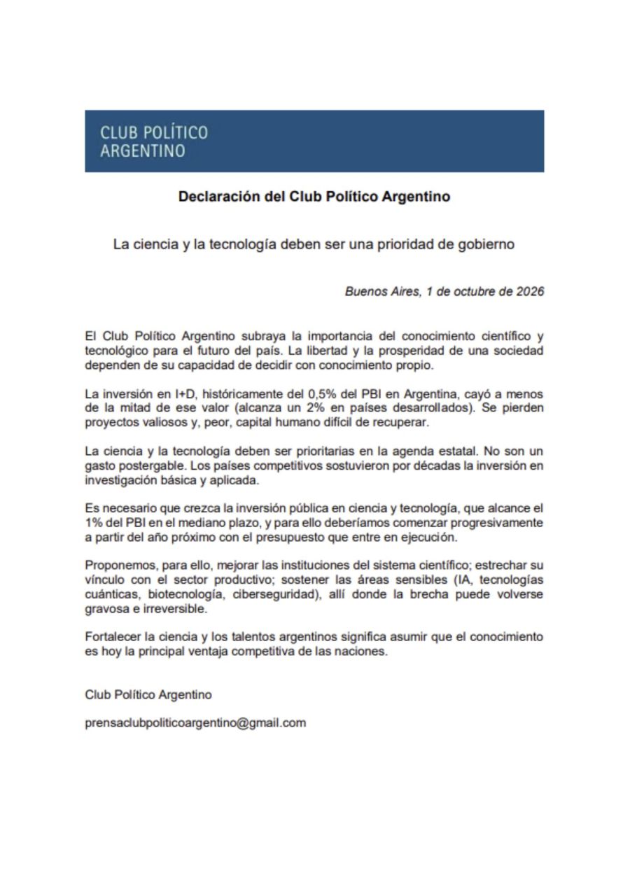El Club Político Argentino reclamó más inversión en ciencia