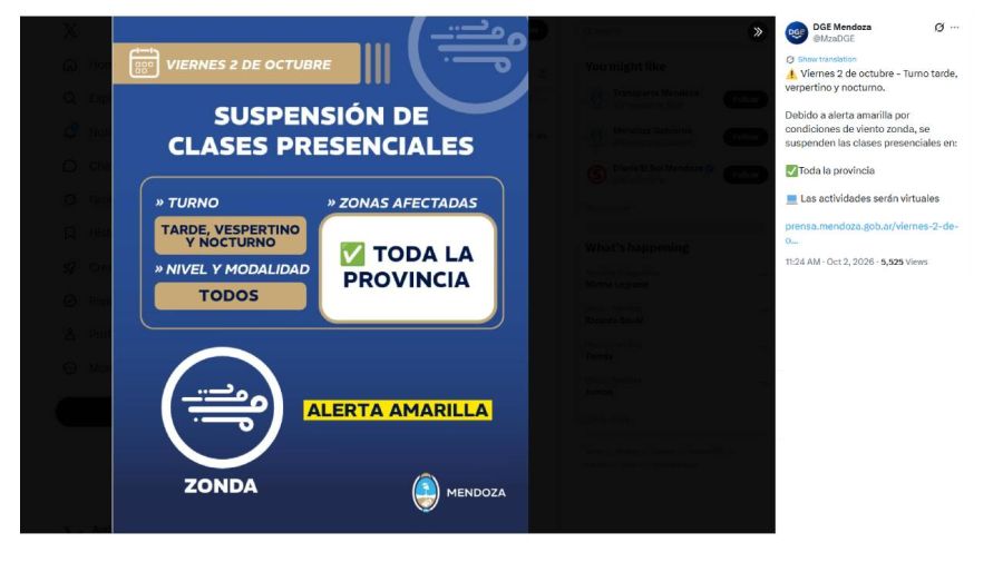 Suspensión de clases en Mendoza por el viento zonda