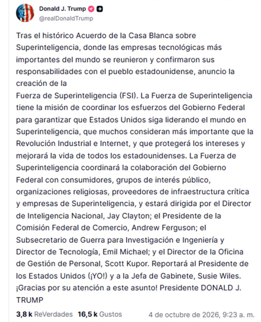 El mensaje de Trump anunciando que Jay Clayton será quien se ocupe de revisar y dirigir el tema IA en Estados Unidos.