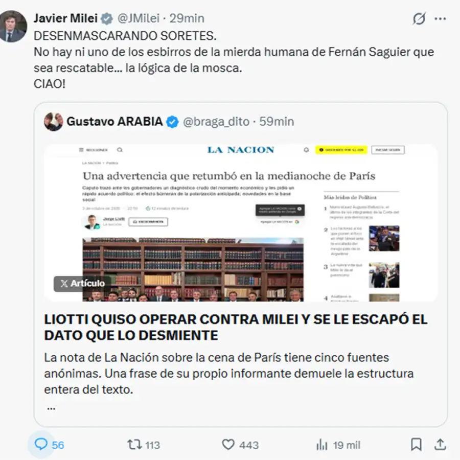 Posteos de este domingo del presidente Javier Milei en su cuenta de X.
