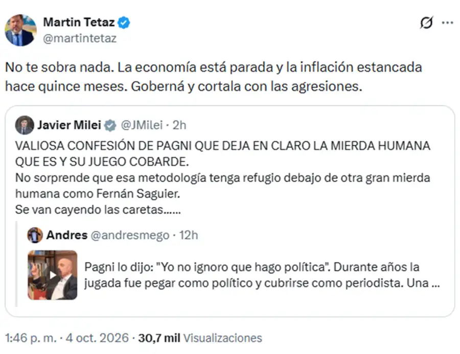 Tetaz le respondió a Milei por ataques a Pagni.