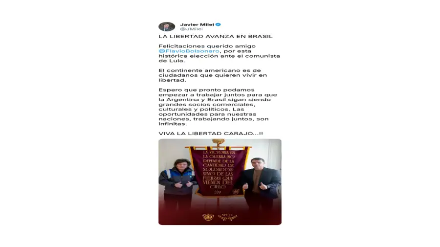 Milei felicitó el triunfo de Flavio Bolsonaro