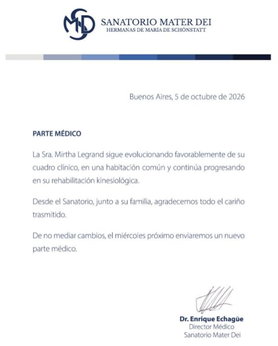 Parte médico de Mirtha Legrand del 5 de octubre de 2026