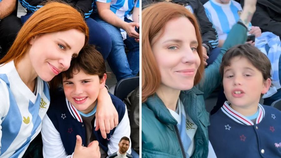 Agustina Kämpfer y su hijo Juan en el partido de despedida de Lionel Messi