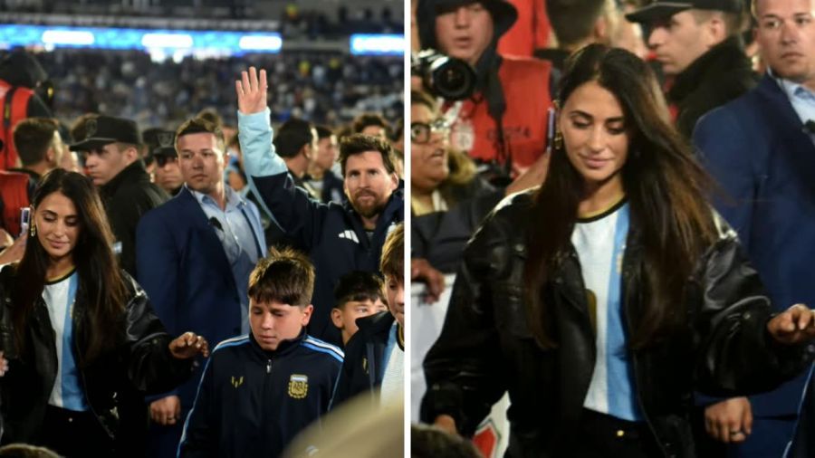 Antonela Roccuzzo en el partido de despedida de Lionel Messi