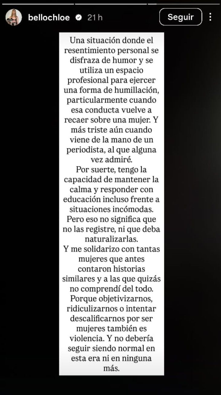 Chloé Bello publicó un feroz descargo
